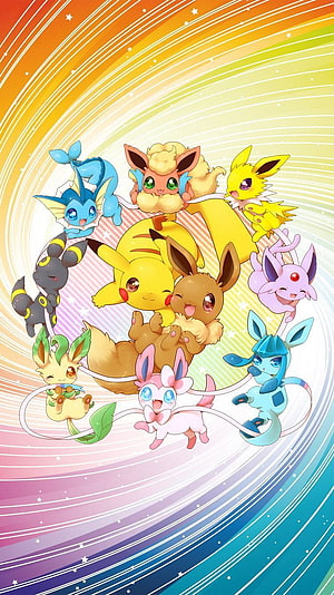 Pikachu and Eevee Evolutions Group Illustration with Rainbow Swirl Background HD phone wallpaper