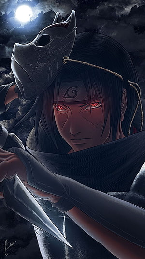 Itachi Uchiha in Sharingan Mode with Mask and Kunai Under Moonlight HD phone wallpaper