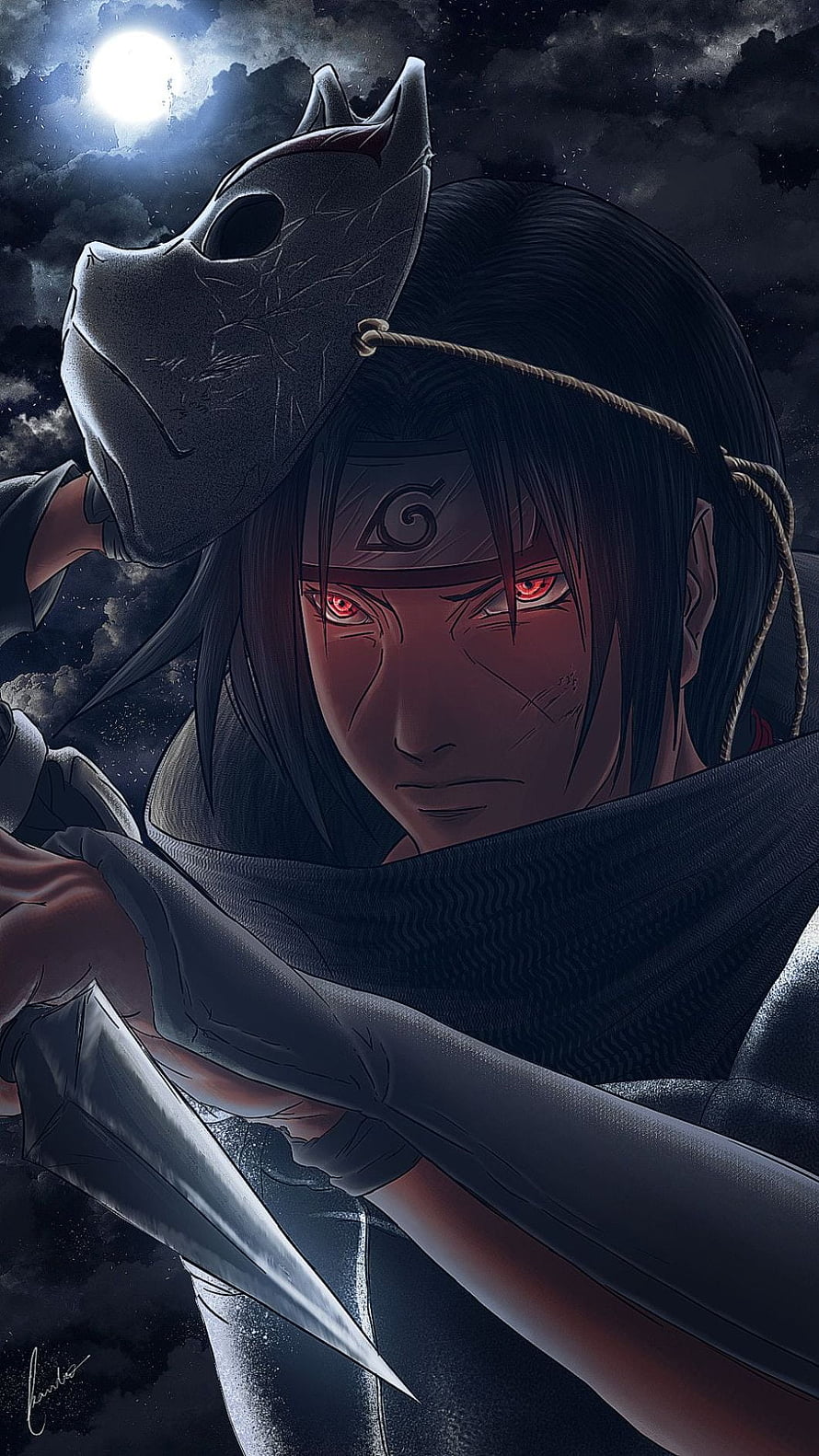Itachi Uchiha in Sharingan Mode with Mask and Kunai Under Moonlight HD phone wallpaper