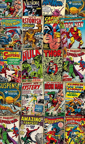 Retro Marvel Comics Cover Collage Featuring Spider-Man, Iron Man, Hulk, Thor, Captain America, and Ant-Man HD phone wallpaper