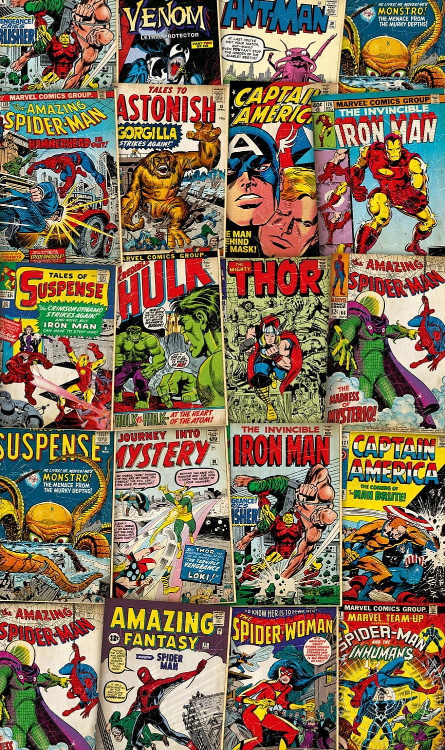 Retro Marvel Comics Cover Collage Featuring Spider-Man, Iron Man, Hulk, Thor, Captain America, and Ant-Man HD phone wallpaper