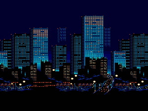 Streets of Rage Pixel Art Night City Skyline with Neon Lit Skyscrapers and Retro Game Aesthetic HD wallpaper