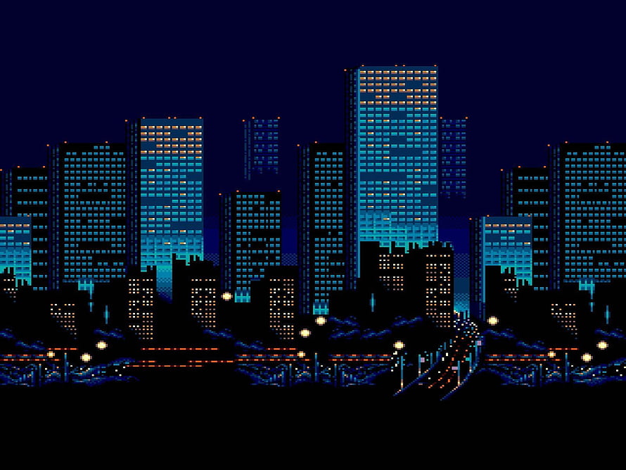 Streets of Rage Pixel Art Night City Skyline with Neon Lit Skyscrapers and Retro Game Aesthetic HD wallpaper