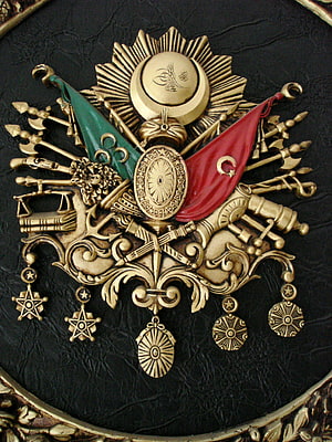 Ottoman Empire Imperial Emblem with Crescent Moon, Flags, and Military Symbols HD phone wallpaper