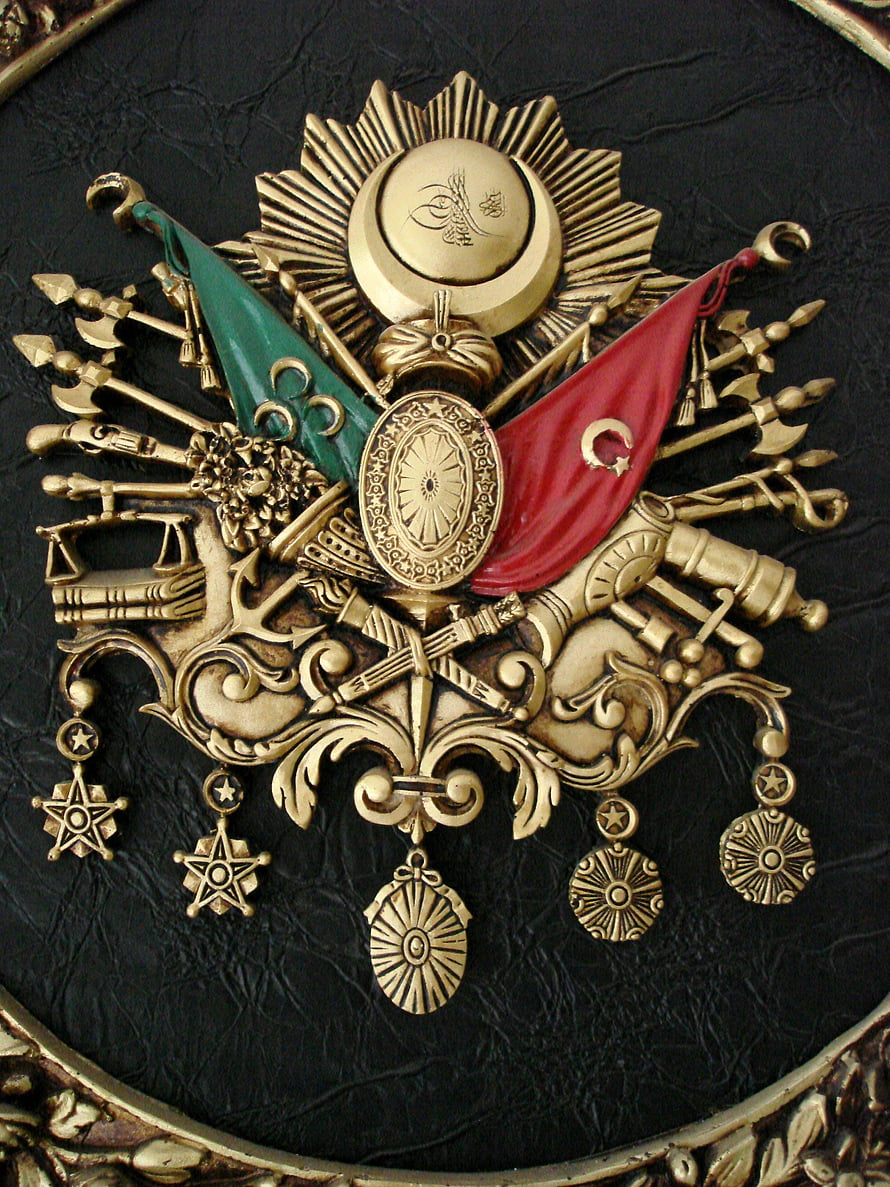 Ottoman Empire Imperial Emblem with Crescent Moon, Flags, and Military Symbols HD phone wallpaper