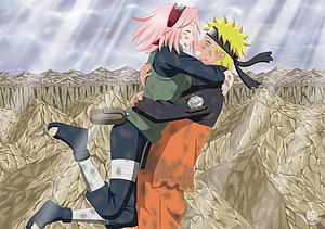 Naruto and Sakura Sharing a Joyful Embrace in a Rocky Canyon Landscape HD wallpaper