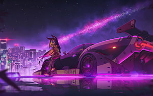 Anime Girl Sitting on Futuristic Cyberpunk Car Under Neon City Skyline HD wallpaper