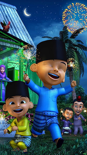 Upin & Ipin 3D Animation Wallpaper: Boys Celebrating with Sparklers and Fireworks at Night HD phone wallpaper