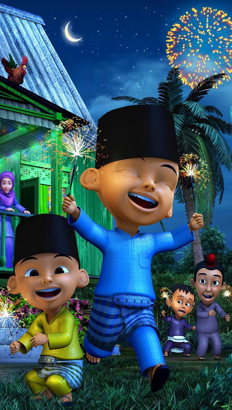 Upin & Ipin 3D Animation Wallpaper: Boys Celebrating with Sparklers and Fireworks at Night HD phone wallpaper