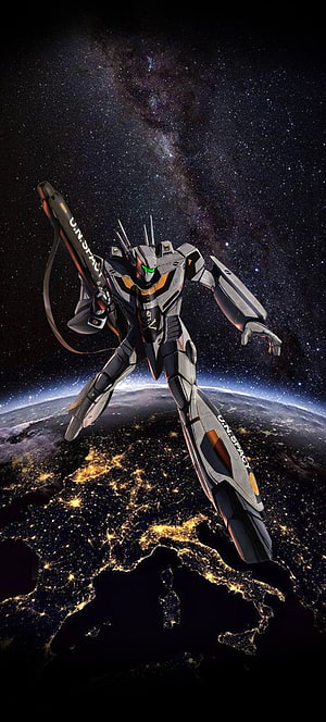 Robotech Battloid Mecha Hovering Above Earth at Night in Deep Space HD phone wallpaper