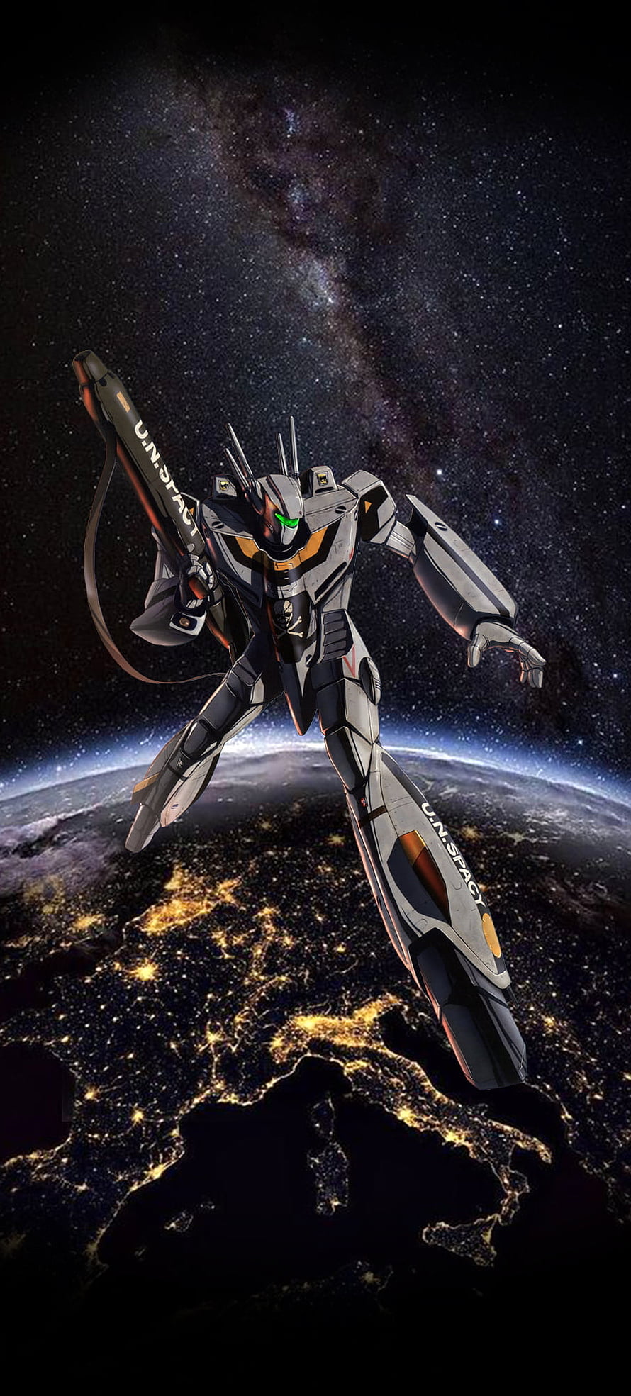 Robotech Battloid Mecha Hovering Above Earth at Night in Deep Space HD phone wallpaper
