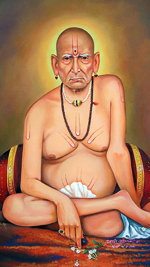 Swami Samarth Portrait Painting with Halo and Rudraksha Beads HD phone wallpaper