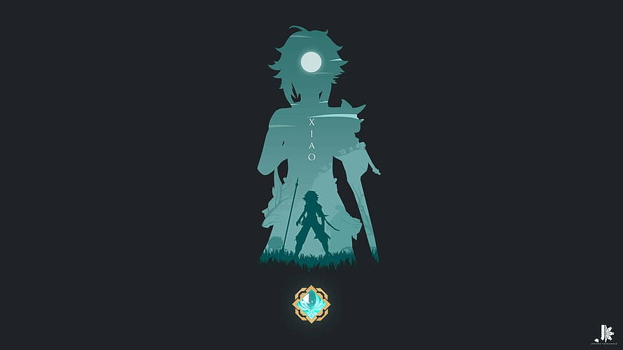 Genshin Impact Xiao Silhouette Wallpaper with Hydro Emblem and Dark Minimalist Design HD wallpaper