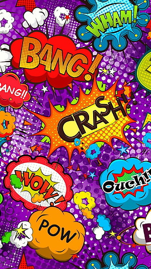 Vibrant Pop Art Comic Book Sound Effects Pattern with Bang and Crash Bubbles HD phone wallpaper