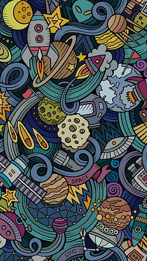 Dense Space Doodle Art with Rockets, Planets, and UFOs in Vibrant Colors HD phone wallpaper