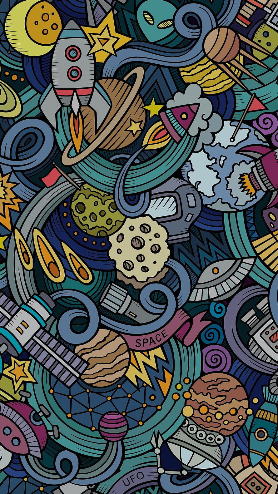 Dense Space Doodle Art with Rockets, Planets, and UFOs in Vibrant Colors HD phone wallpaper