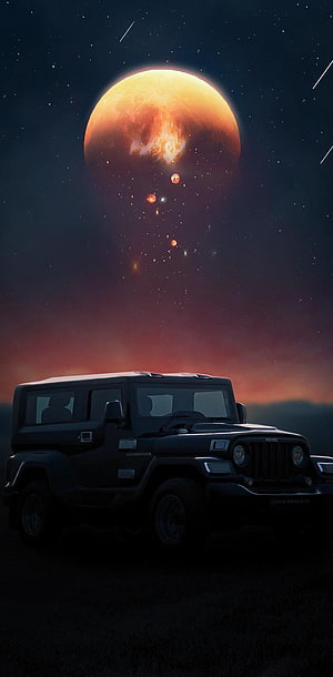 Mahindra Thar SUV Silhouette Under a Glowing Red Planet and Starry Night Sky HD phone wallpaper