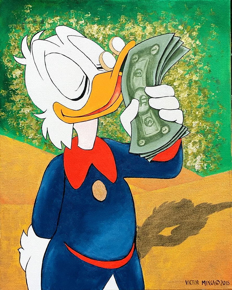 Scrooge McDuck Holding a Stack of Cash in Classic Disney Animation Style HD phone wallpaper