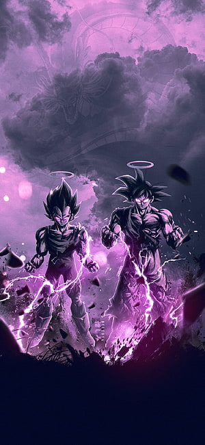 Dark Goku and Vegeta with glowing halos and purple energy in a stormy Dragon Ball scene HD phone wallpaper