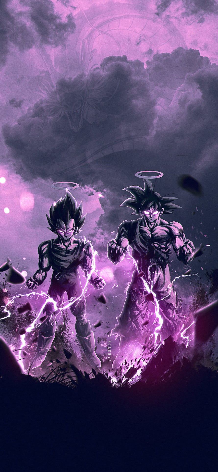 Dark Goku and Vegeta with glowing halos and purple energy in a stormy Dragon Ball scene HD phone wallpaper