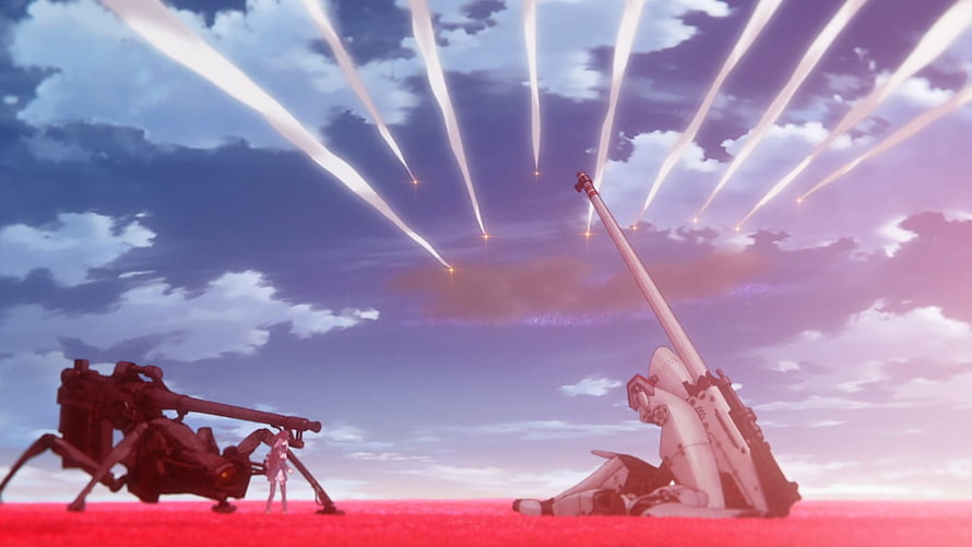 86 Eighty-Six Anime Scene with Anti-Air Cannons and Missile Trails Over Red Terrain HD wallpaper