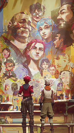 Arcane Vi and Ekko Standing Before a Wall of Character Portraits in Warm Painterly Style HD phone wallpaper