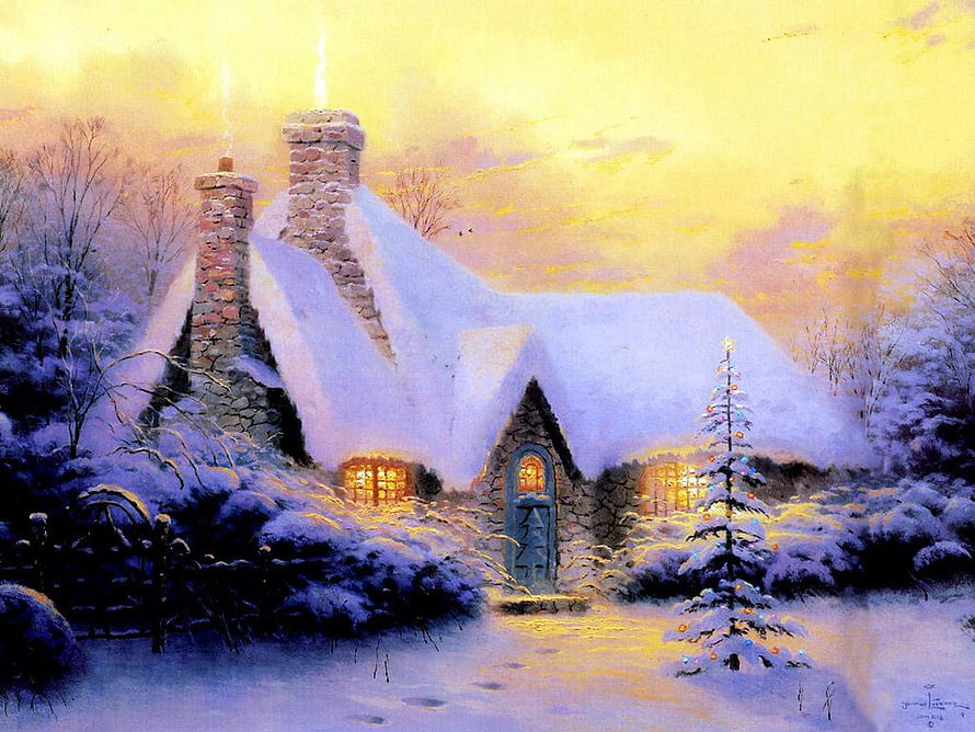 Cozy Stone Cottage in Snowy Winter Landscape with Warm Christmas Lights and Decorated Tree HD wallpaper