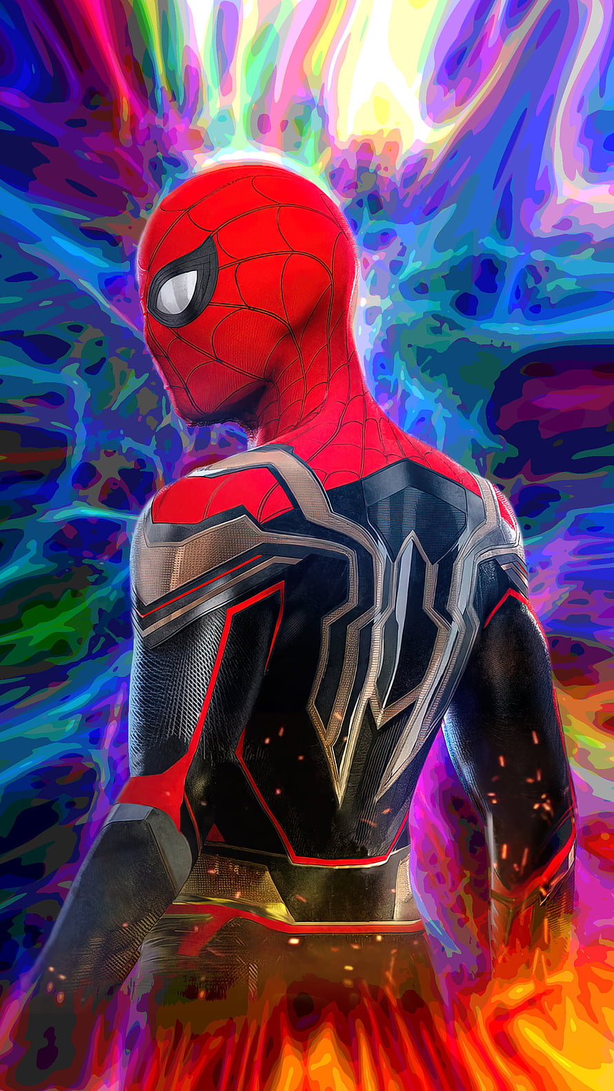 Spider-Man in Iron Spider Armor Against a Vibrant Multiverse Energy Background, Spiderman, marvel, avengers, Multiverse, No Way Home HD phone wallpaper