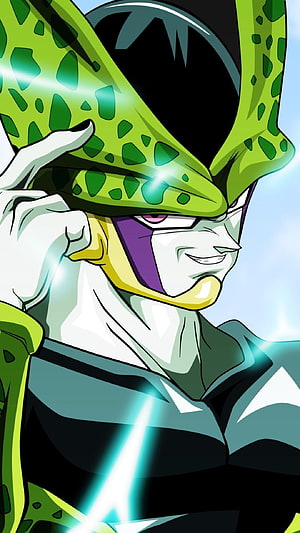 Perfect Cell Dragon Ball Z Anime Character Portrait with Green Spotted Armor and Glowing Energy HD phone wallpaper