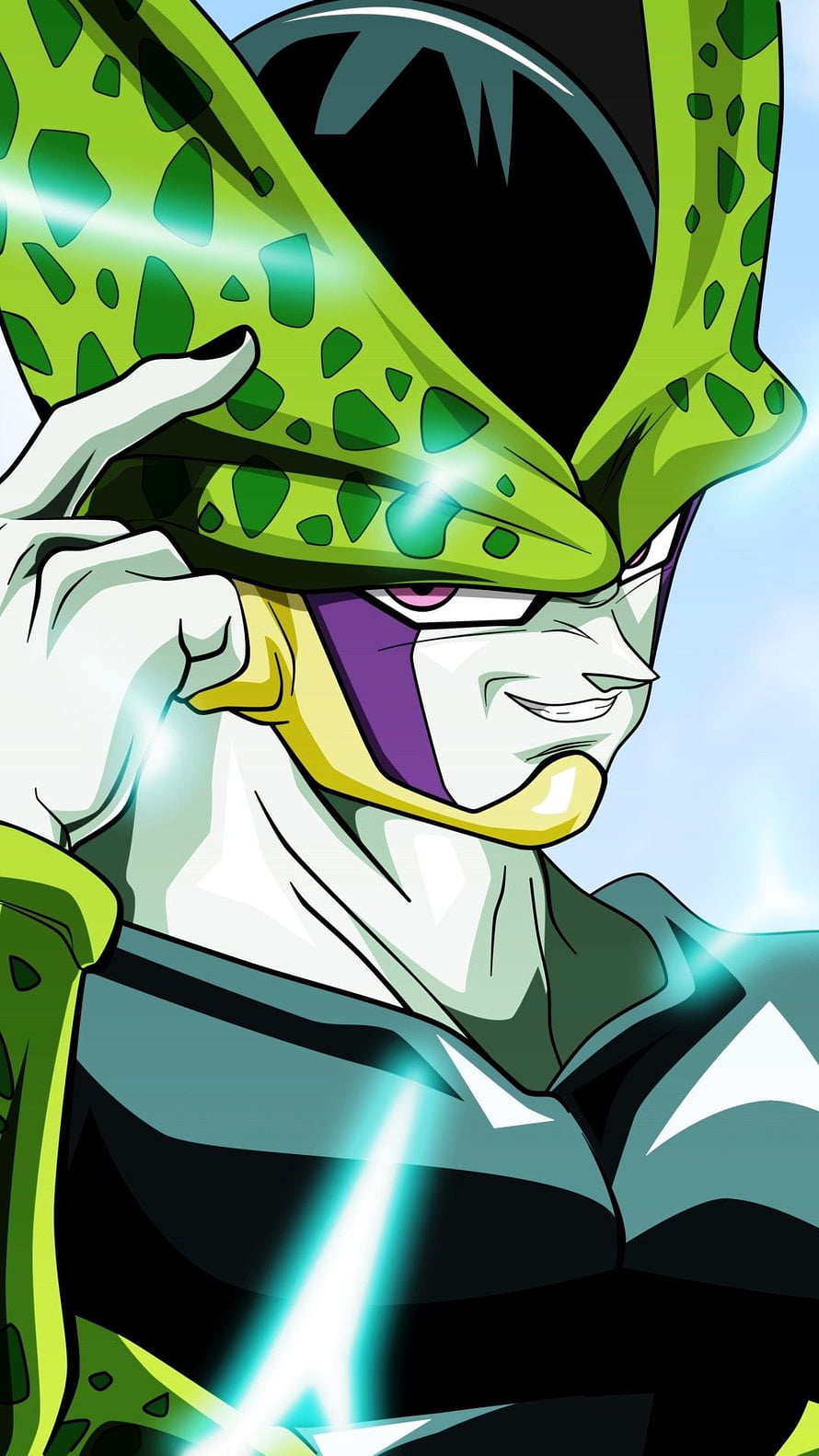 Perfect Cell Dragon Ball Z Anime Character Portrait with Green Spotted Armor and Glowing Energy HD phone wallpaper