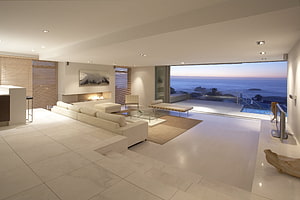 Modern Luxury Penthouse Living Room With Ocean View And Fireplace HD wallpaper