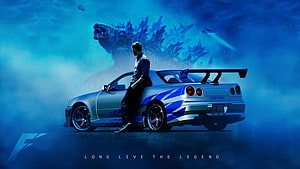 Nissan Skyline GT-R R34 with Godzilla and Paul Walker tribute artwork HD wallpaper