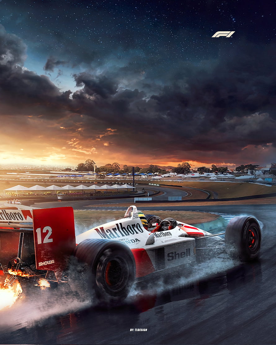 McLaren Formula 1 Car Racing on Wet Track at Sunset HD phone wallpaper