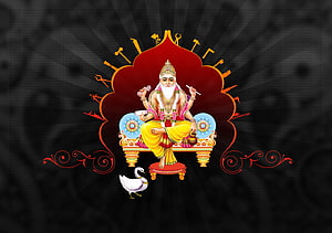 Vishwakarma Deity Seated on Ornate Throne with Tools and Swan on Black Background HD wallpaper