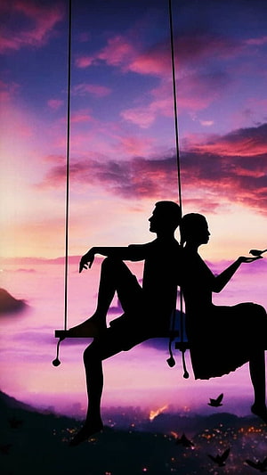 Silhouette of a couple sitting back to back on swings against a vibrant sunset sky HD phone wallpaper