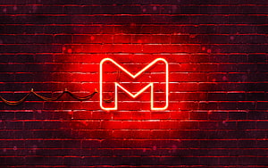 Gmail red neon letter M sign glowing on a dark brick wall at night HD wallpaper
