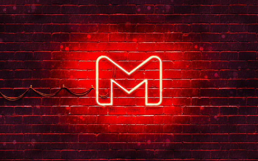 Gmail red neon letter M sign glowing on a dark brick wall at night HD wallpaper