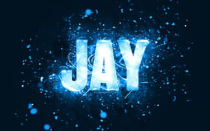 Jay Name in Glowing Blue Neon with Electric Sparks and Particle Effects on Dark Background HD wallpaper