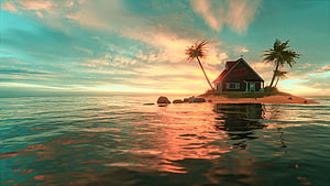 Kame House on a Tropical Island at Sunset in Dragon Ball Z HD wallpaper