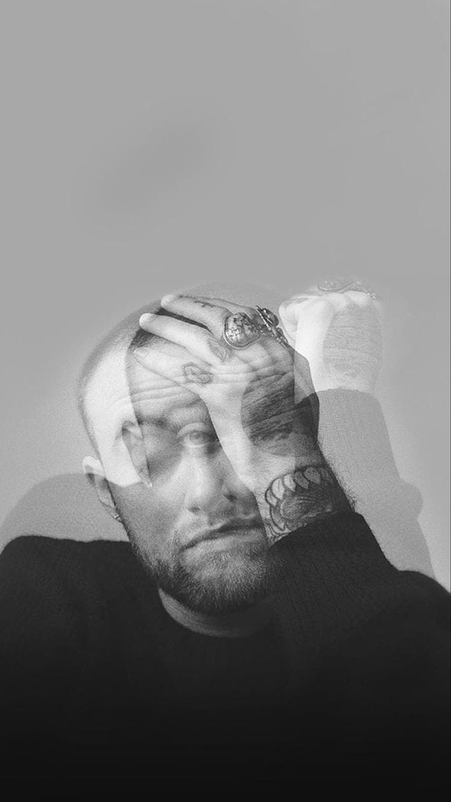 Mac Miller Black and White Double Exposure Portrait with Hand Over Face HD phone wallpaper
