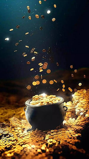 Pot of Gold Coins with Falling Currency Against a Dark Night Sky HD phone wallpaper