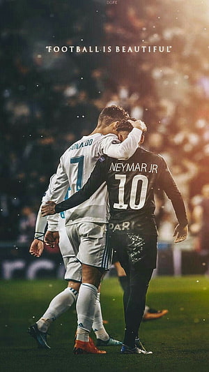Cristiano Ronaldo and Neymar Jr embracing on the football pitch during a match HD phone wallpaper