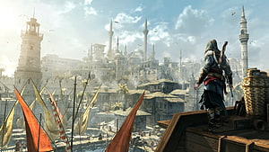 Assassin's Creed Ezio overlooking Constantinople from a ship deck with Ottoman minarets and harbor sails HD wallpaper