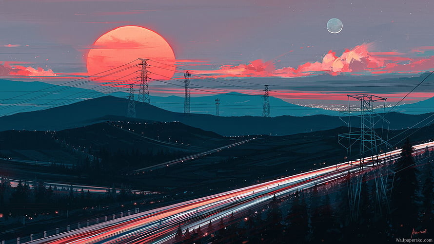 Lo-fi Anime Sunset Landscape with Highway Light Trails and Power Lines HD wallpaper