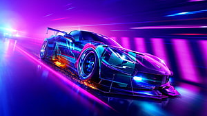 Futuristic Neon Sports Car Racing Through Cyberpunk City at Night HD wallpaper