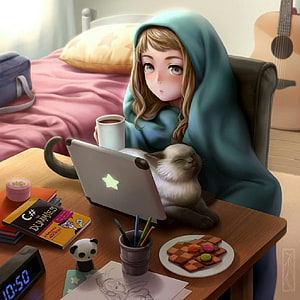 Cozy Kawaii Girl Programmer with Cat and Laptop in Bedroom HD phone wallpaper