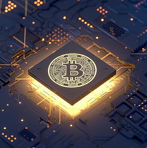 Bitcoin Processor Chip on Glowing Circuit Board with Golden Traces and Digital Symbol HD phone wallpaper
