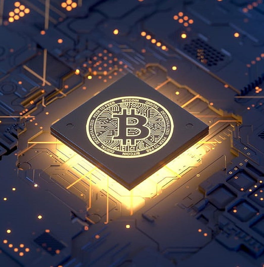 Bitcoin Processor Chip on Glowing Circuit Board with Golden Traces and Digital Symbol HD phone wallpaper