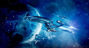 Star Trek Starfleet Fleet in Deep Space with Blue Planet and Nebula HD wallpaper