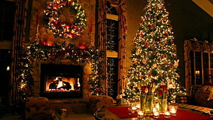 Cozy Christmas Living Room With Fireplace, Wreath, And Decorated Tree HD wallpaper